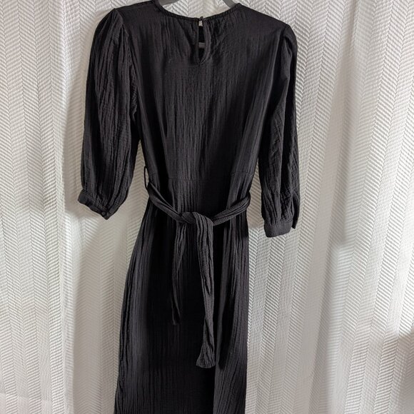 Zara Black Cotton Gauze Midi Dress with Slits and Back Tie Size Small Minimalist - Picture 5 of 12